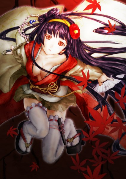 Anime picture 1000x1415 with original kizawa hiroto single long hair tall image looking at viewer breasts light erotic red eyes purple hair japanese clothes hair flower girl thighhighs hair ornament weapon white thighhighs sword kimono katana