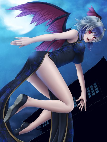 Anime picture 1050x1400 with touhou tokiko (touhou) mochi.f single tall image short hair light erotic red eyes blue hair looking back horn (horns) night legs chinese clothes girl wings moon chinese dress