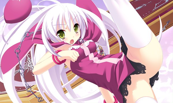 Anime picture 1024x614 with twinkle crusaders twinkle crusaders -passion star stream- lullshare long hair open mouth light erotic wide image green eyes game cg white hair girl thighhighs dress white thighhighs bracelet chain beret