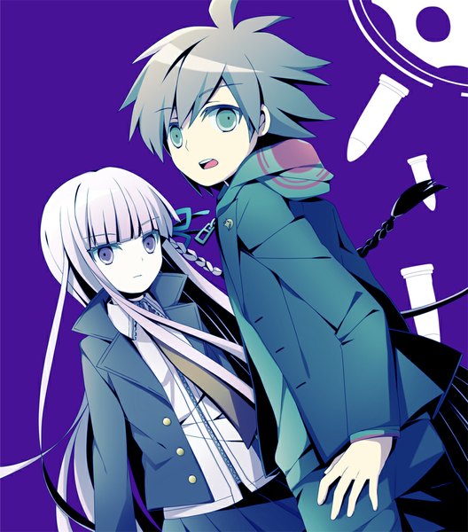 Anime picture 881x1001 with dangan ronpa kirigiri kyouko naegi makoto soranagi long hair tall image looking at viewer fringe short hair open mouth simple background brown hair purple eyes green eyes looking away purple hair braid (braids) side braid purple background girl