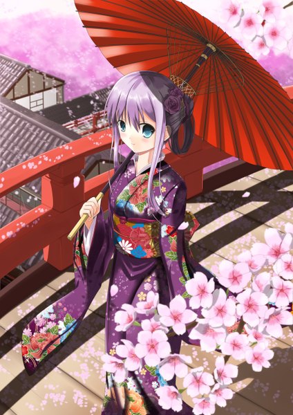 Anime picture 1768x2500 with original fatkewell single tall image highres smile purple hair japanese clothes hair flower from above cherry blossoms girl hair ornament petals belt kimono umbrella oriental umbrella