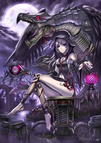 Anime picture 1200x1697 with original gia long hair tall image looking at viewer fringe open mouth light erotic red eyes sitting purple eyes holding cleavage silver hair cloud (clouds) bent knee (knees) fingernails wind night wide sleeves