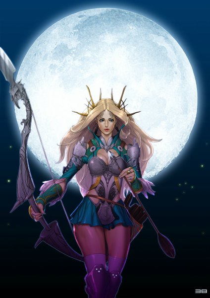 Anime picture 900x1273 with original jacsplus 38 single long hair tall image breasts blue eyes blonde hair standing holding signed sky cleavage lips night girl hair ornament weapon armor moon