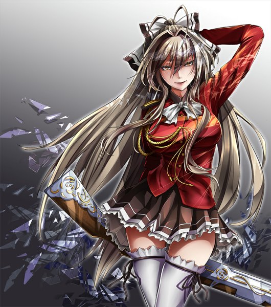 Anime picture 852x964 with amagi brilliant park kyoto animation sento isuzu daniel9140 single long hair tall image looking at viewer brown hair brown eyes girl thighhighs skirt weapon white thighhighs gun suit musket