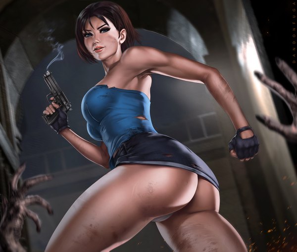 イラスト 1200x1021 と バイオハザード resident evil 3 jill valentine dandon fuga カメラ目線 短い髪 青い目 light erotic 茶色の髪 立つ 肩出し holding 尻 parted lips lips realistic from below パンチラ torn clothes turning head