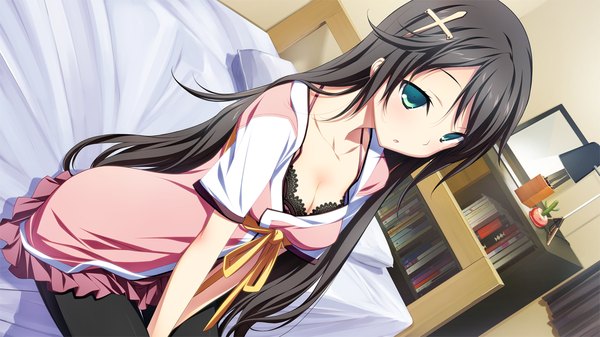 Anime picture 1280x720 with material brave giga kuraki ena kikuchi seiji single long hair black hair wide image sitting green eyes game cg girl dress hair ornament