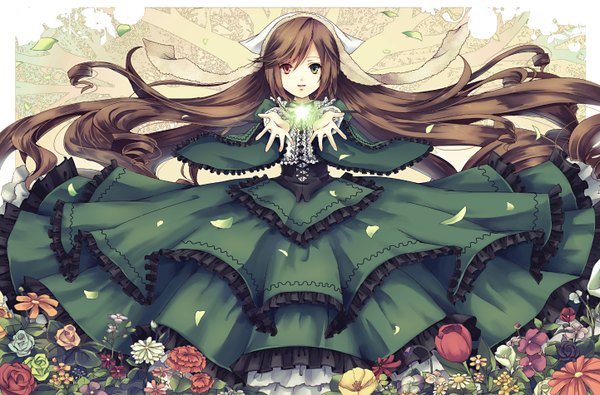 Anime picture 1442x950 with rozen maiden suiseiseki z-epto (chat-noir86) single long hair looking at viewer brown hair heterochromia drill hair girl dress flower (flowers) petals frills bonnet