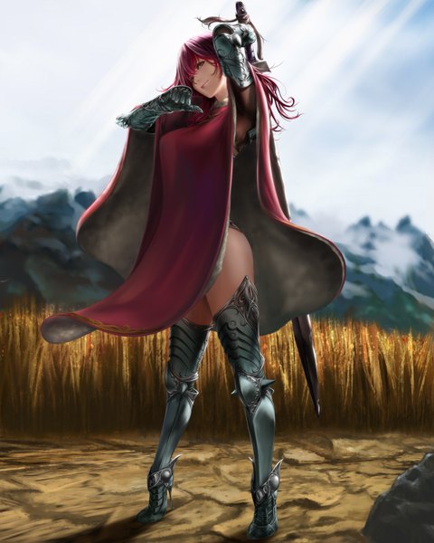 Anime picture 1280x1600 with original shisshou senkoku single long hair tall image looking at viewer light erotic brown eyes red hair girl gloves weapon sword elbow gloves boots armor thigh boots cape