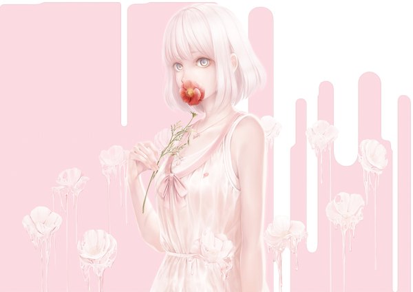 Anime picture 3000x2120 with original bouno satoshi single looking at viewer fringe highres short hair standing holding upper body white hair blunt bangs fingernails sleeveless covered mouth silver eyes floral background girl dress flower (flowers)