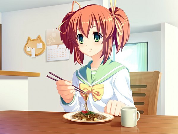 Anime picture 1024x768 with kurogane no tsubasa kasugai haruna green eyes game cg orange hair girl serafuku food