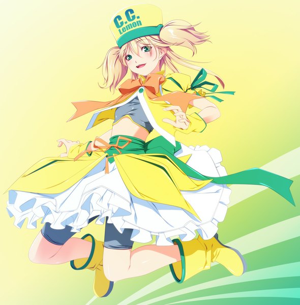 Anime picture 982x1000 with original c.c. lemon c.c. lemon (character) rezi single long hair tall image blush open mouth blonde hair twintails green eyes girl dress hat boots