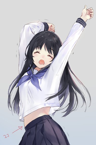 Anime picture 700x1055 with original macciatto (aciel02) single long hair tall image fringe open mouth black hair simple background standing eyes closed grey background arms up midriff trembling yawn girl uniform serafuku directional arrow