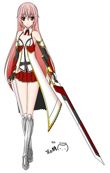 Anime picture 958x1500 with original nagi-the-cheese (ppshex) single long hair tall image looking at viewer blush simple background red eyes white background pink hair legs girl weapon sword clothes