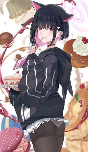 Anime picture 1525x2628 with blue archive kazusa (blue archive) serie niai single tall image looking at viewer short hair light erotic black hair red eyes animal ears pink hair ass pleated skirt multicolored hair two-tone hair colored inner hair eating food on face girl