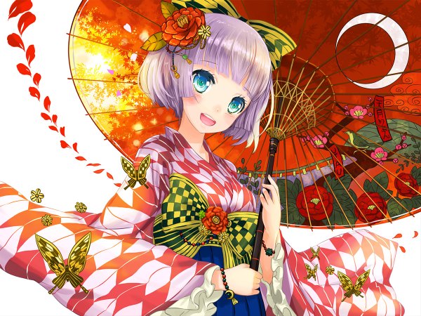 Anime picture 1200x900 with original kanipanda single looking at viewer blush short hair open mouth blue eyes silver hair japanese clothes hair flower yagasuri girl dress hair ornament flower (flowers) bow hair bow insect butterfly
