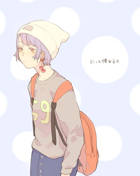 Anime picture 1200x1500 with original nora (kukumaka23) single tall image fringe short hair simple background brown eyes looking away purple hair long sleeves girl hat earrings fruit cap backpack cherry