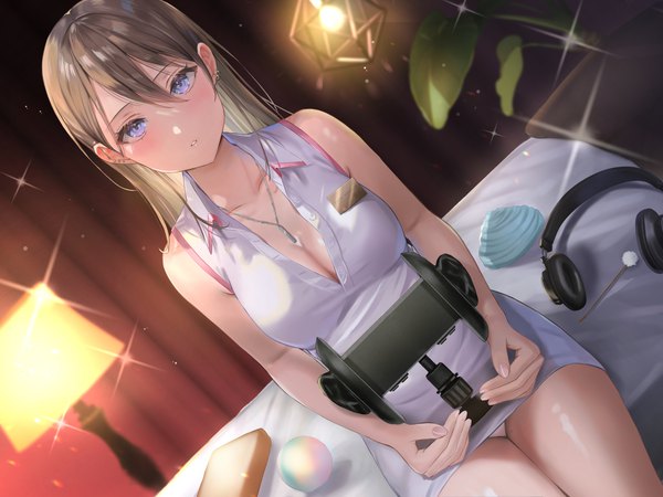 Anime picture 2000x1500 with original sakamuke single long hair looking at viewer fringe highres light erotic hair between eyes brown hair sitting purple eyes holding cleavage indoors parted lips sparkle dutch angle pantyshot sleeveless