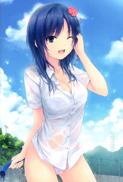 Anime picture 2378x3500 with original aoyama sumika coffee-kizoku single long hair tall image highres open mouth blue eyes light erotic blue hair sky cleavage :d one eye closed hair flower wink scan wet wet clothes