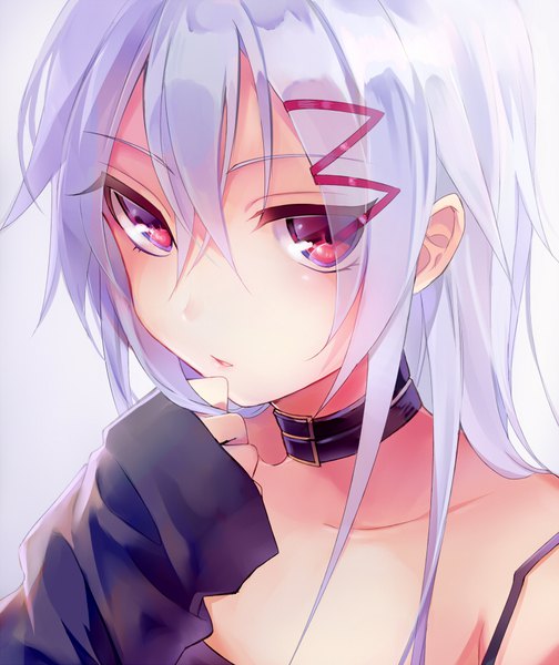 Anime picture 780x927 with original tlla (artist) single long hair tall image looking at viewer blush fringe open mouth simple background hair between eyes red eyes silver hair parted lips gradient background sleeves past wrists portrait close-up eyebrows strap slip
