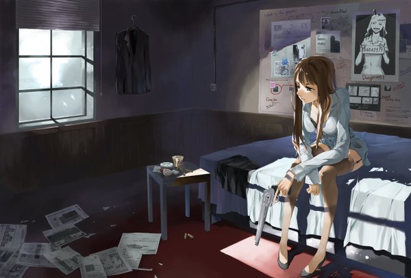Anime picture 1214x822 with original marlboro justminor long hair brown hair sitting brown eyes sunlight shadow high heels crossed arms product placement wanted detective mugshot girl thighhighs weapon shirt window