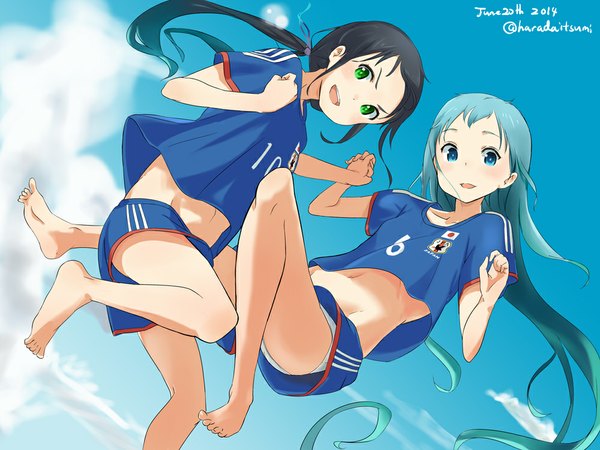 Anime picture 1000x750 with kantai collection world cup 2014 fifa world cup samidare destroyer suzukaze destroyer haradaitsumi long hair looking at viewer blush open mouth blue eyes light erotic black hair smile twintails multiple girls green eyes sky cloud (clouds) :d