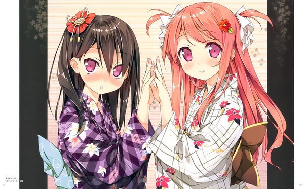 Anime picture 4820x3000 with 5 nenme no houkago (artbook) original kurumi (kantoku) shizuku (kantoku) kantoku long hair looking at viewer blush highres black hair smile wide image purple eyes twintails multiple girls absurdres red hair traditional clothes japanese clothes short twintails