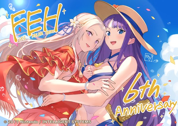 Anime picture 1500x1060 with fire emblem fire emblem: three houses fire emblem heroes fire emblem: radiant dawn nintendo edelgard von hresvelg edelgard von hresvelg (summer) altina (fire emblem) kakage long hair looking at viewer blush fringe breasts open mouth blue eyes light erotic large breasts standing purple eyes