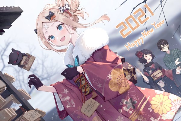 Anime picture 2080x1390 with fate (series) fate/grand order abigail williams (fate) katsushika hokusai (fate/grand order) tokitarou (fate/grand order) fujimaru ritsuka (male) yukiyama momo long hair highres short hair open mouth blue eyes black hair blonde hair multiple girls payot outdoors eyes closed traditional clothes :d