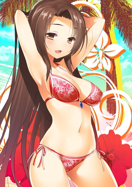 Anime picture 848x1200 with original 47agdragon single long hair tall image looking at viewer blush breasts open mouth light erotic brown hair brown eyes midriff girl navel flower (flowers) swimsuit plant (plants) bikini tree (trees)