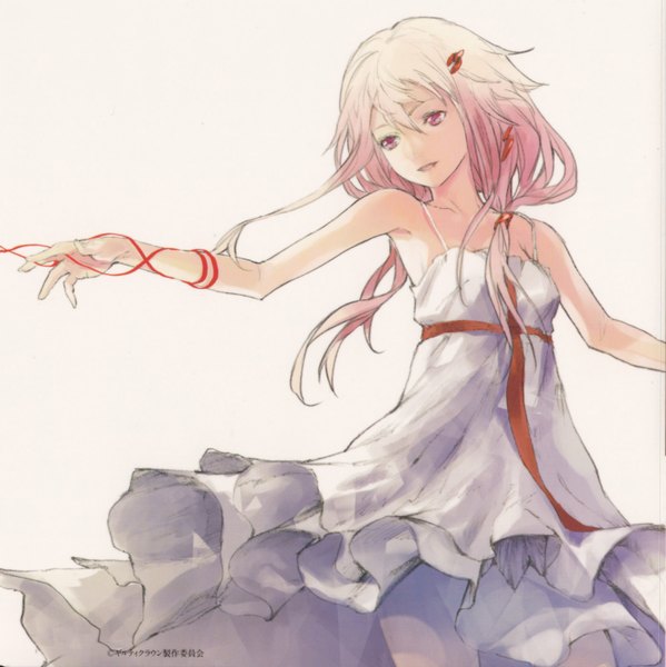 Anime picture 1400x1404 with guilty crown production i.g yuzuriha inori redjuice single simple background smile twintails bare shoulders pink hair pink eyes official art sleeveless low twintails outstretched arm girl dress hair ornament white dress hairclip