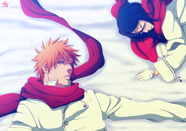 Anime picture 1500x1056 with bleach studio pierrot kurosaki ichigo kuchiki rukia hyugasosby long hair short hair black hair lying eyes closed orange hair orange eyes coloring sleeping girl boy gloves scarf winter clothes