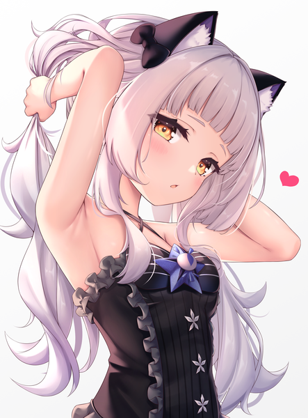 Anime picture 2480x3358 with virtual youtuber hololive murasaki shion murasaki shion (5th costume) arata (xin) single long hair tall image looking at viewer blush highres simple background white background animal ears yellow eyes silver hair upper body cat ears :o armpit (armpits)
