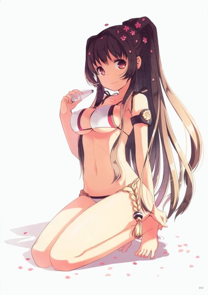 Anime picture 2132x3025 with kantai collection yamato super battleship h2so4 single long hair tall image looking at viewer highres breasts light erotic red eyes brown hair ponytail barefoot hair flower scan bare belly bare legs kneeling girl