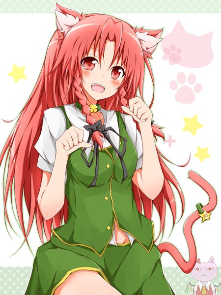 Anime picture 1050x1400 with touhou flandre scarlet hong meiling karamoneeze single tall image looking at viewer blush open mouth red eyes animal ears red hair tail braid (braids) animal tail cat ears cat girl cat tail twin braids kemonomimi mode