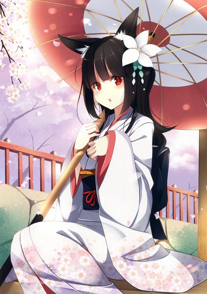 Anime picture 2319x3300 with original eshi 100-nin ten kisaichi jin single long hair tall image looking at viewer highres open mouth black hair red eyes animal ears traditional clothes japanese clothes hair flower scan cherry blossoms girl hair ornament flower (flowers)