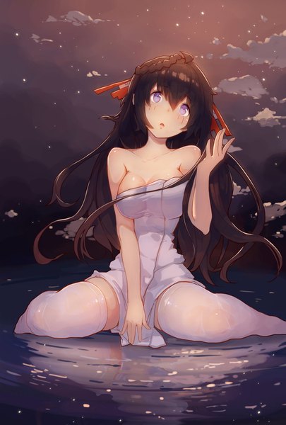 Anime picture 1013x1500 with original elpx (gu jian shaonu) single long hair tall image blush fringe breasts light erotic black hair hair between eyes large breasts standing sitting purple eyes bare shoulders cloud (clouds) outdoors parted lips night
