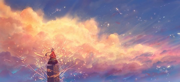 Anime picture 1925x875 with original bounin single long hair highres wide image standing sky cloud (clouds) braid (braids) sparkle single braid scenic girl dress red dress mantle