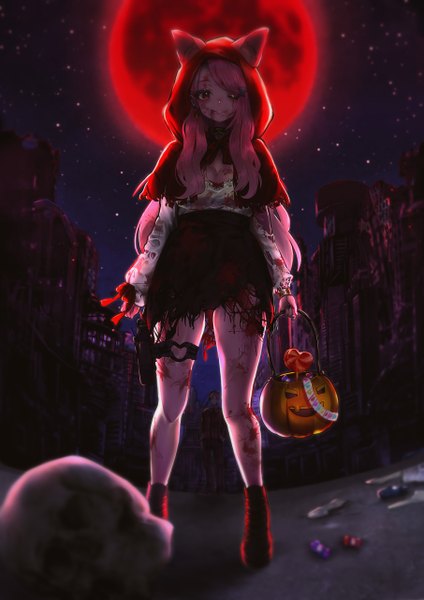 Anime picture 1810x2560 with original rasukii (pamiton) long hair tall image looking at viewer fringe highres breasts blonde hair smile red eyes holding cleavage full body outdoors one eye closed blurry night night sky torn clothes