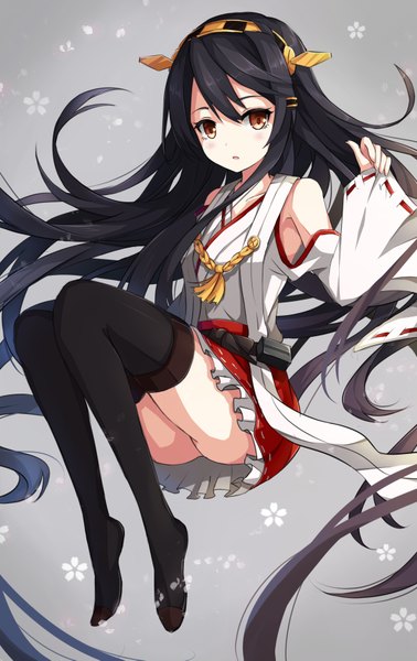 Anime picture 1110x1761 with kantai collection haruna battleship rin yuu single long hair tall image looking at viewer blush light erotic black hair simple background bare shoulders brown eyes traditional clothes japanese clothes grey background girl thighhighs hair ornament flower (flowers)