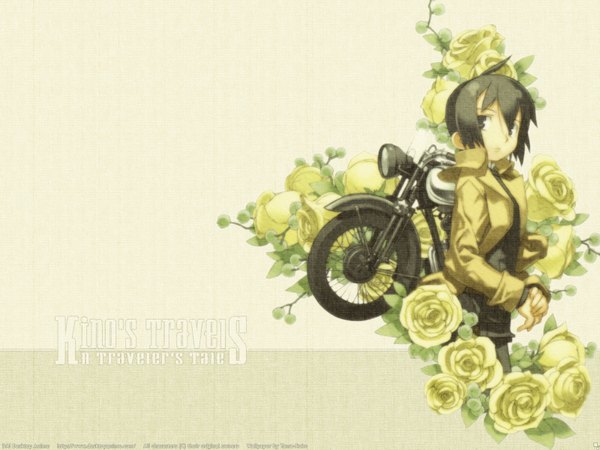 Anime picture 1600x1200 with kino no tabi kino (kino no tabi) hermes kuroboshi kouhaku tama-neko single short hair black hair signed ahoge black eyes wallpaper third-party edit girl flower (flowers) rose (roses) motorcycle yellow rose