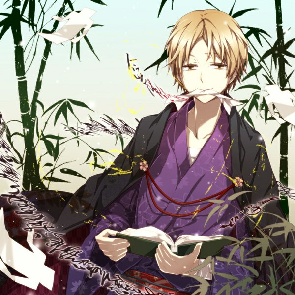 Anime picture 1000x1000 with natsume yuujinchou brains base (studio) natsume takashi single short hair blonde hair yellow eyes traditional clothes mouth hold hieroglyph boy leaf (leaves)