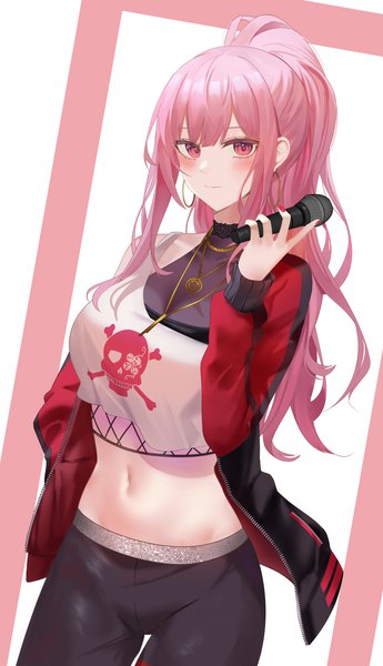 Anime picture 2720x4728 with virtual youtuber hololive hololive english mori calliope mori calliope (streetwear) ru zhai single long hair tall image looking at viewer blush fringe highres breasts simple background holding pink hair ponytail blunt bangs long sleeves