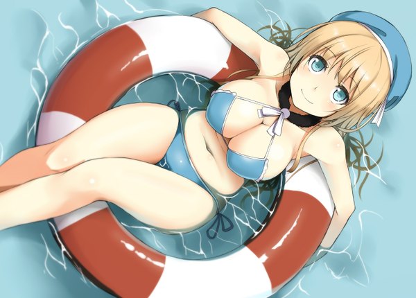 Anime picture 1372x984 with kantai collection atago heavy cruiser kamata yuuya single long hair looking at viewer blush breasts light erotic blonde hair large breasts cleavage aqua eyes from above bare belly looking up afloat swimming girl navel