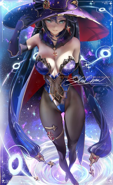 Anime picture 612x1000 with genshin impact mona megistus sakimichan single tall image looking at viewer fringe breasts light erotic black hair smile hair between eyes large breasts twintails bare shoulders green eyes signed cleavage full body very long hair
