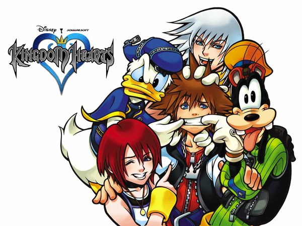 Anime picture 1024x768 with kingdom hearts square enix sora kairi (kingdom hearts) riku (kingdom hearts) goofy donald duck white background