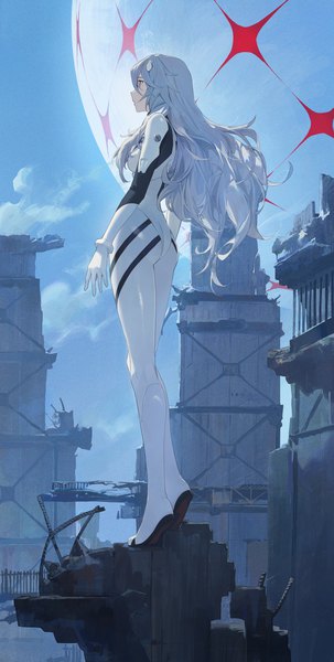 Anime picture 2976x5899 with neon genesis evangelion rebuild of evangelion evangelion: 3.0+1.0 thrice upon a time gainax ayanami rei modare single long hair tall image fringe highres hair between eyes red eyes standing looking away silver hair full body profile from behind girl