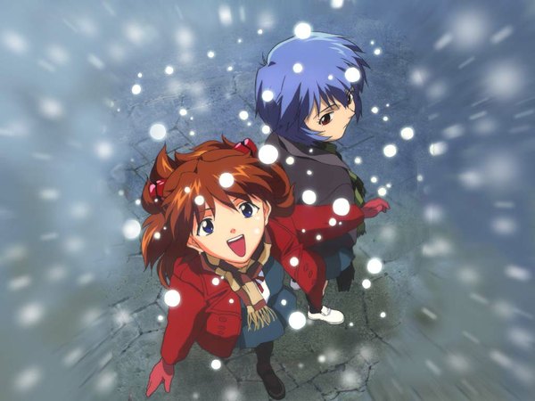 Anime picture 1024x768 with neon genesis evangelion gainax soryu asuka langley ayanami rei snowing winter