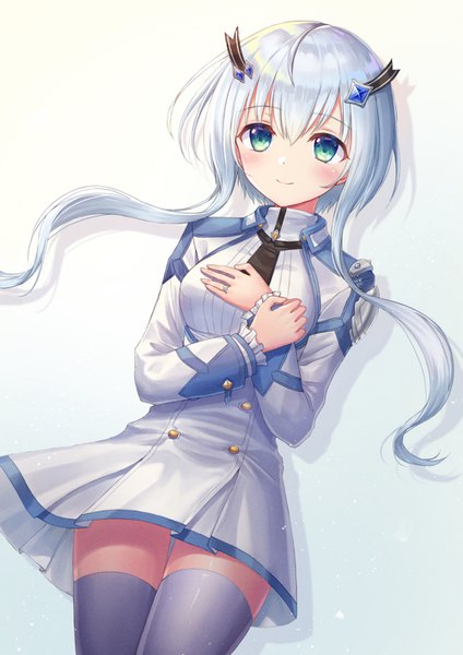 Anime picture 999x1413 with maou gakuin no futekigousha silver link misha necron seungju lee single tall image blush short hair simple background smile green eyes payot silver hair shadow gradient background girl thighhighs hairclip ring wedding band