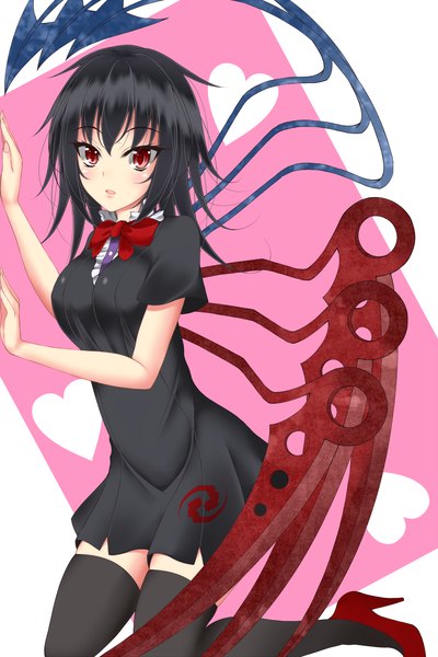 Anime picture 1500x2250 with touhou houjuu nue gmot single long hair tall image looking at viewer blush open mouth black hair red eyes girl thighhighs dress black thighhighs wings