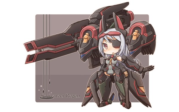 Anime picture 1920x1200 with infinite stratos 8bit laura bodewig single long hair blush highres open mouth red eyes wide image grey hair inscription chibi mecha musume girl eyepatch mecha